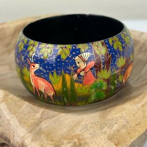Hand Painted Lacquer Bangle Bracelet Russian Antelope Deer Landscape Trees Read